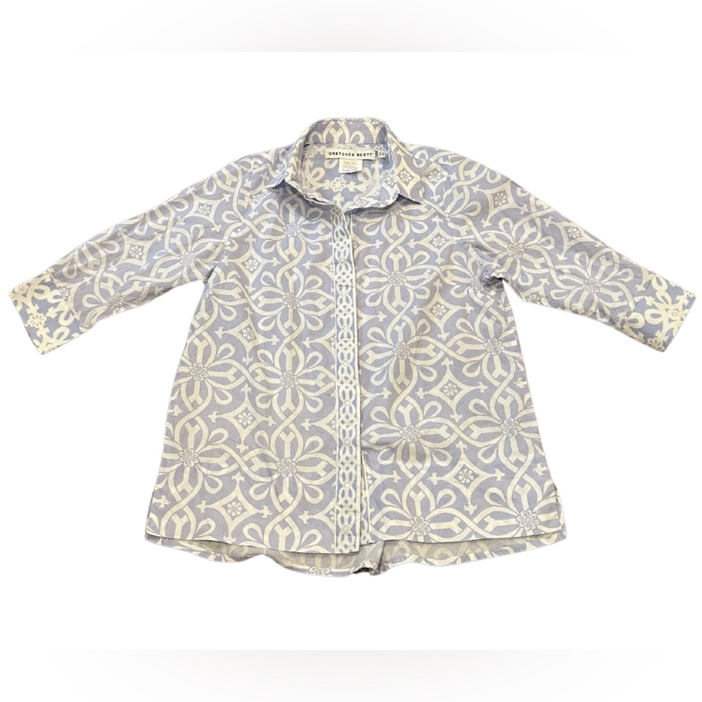 Gretchen Scott Design 3/4 Length Button Down Shirt | Periwinkle/White | Size XXS